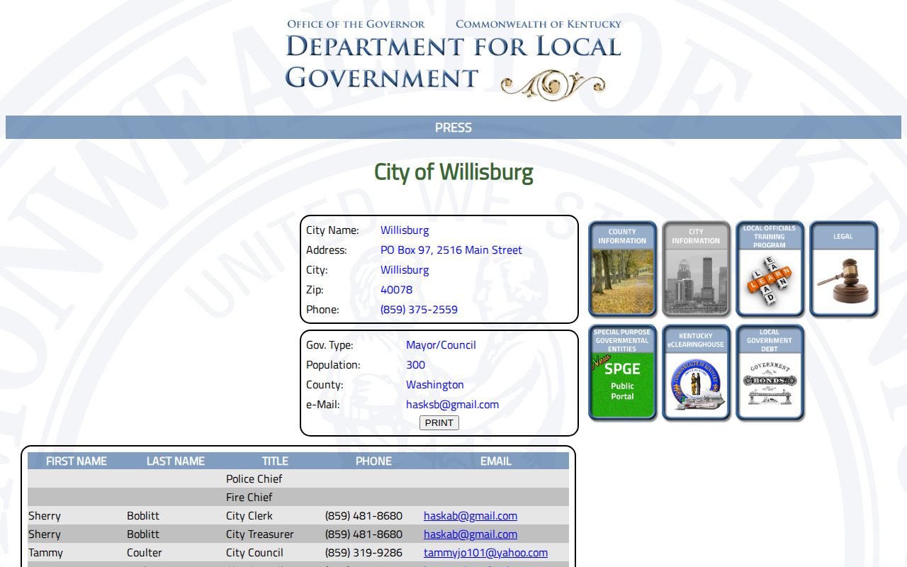 Official Willisburg Kentucky city contact page used for Willisburg arrest records routing