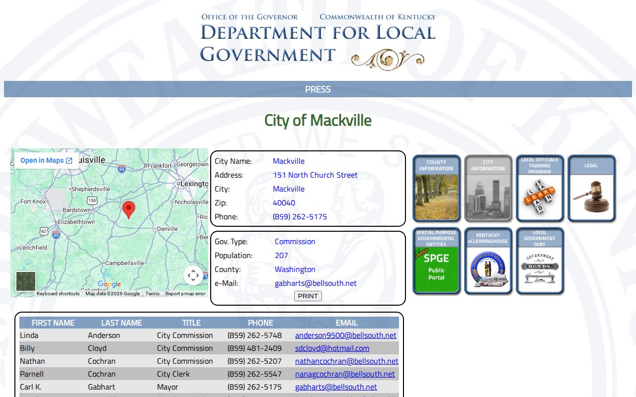 Official Mackville Kentucky municipal page used to route Mackville arrest record inquiries