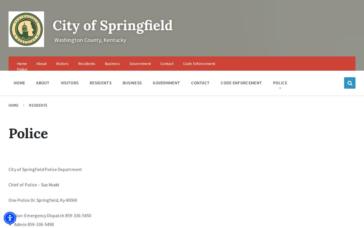 Official Springfield Police Department page showing local police contact information